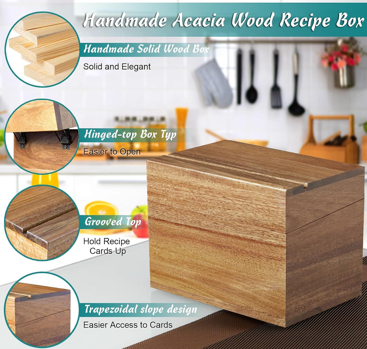 Personalized Wooden Recipe Box – (50 Blank Recipe Cards Included)