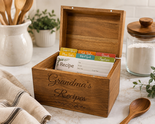 Personalized Wooden Recipe Box – (50 Blank Recipe Cards Included)