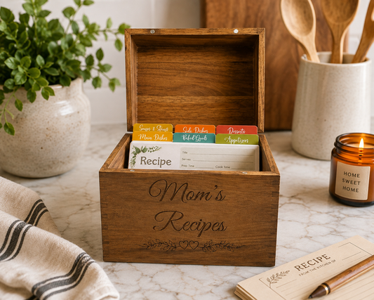 Personalized Wooden Recipe Box – (50 Blank Recipe Cards Included)