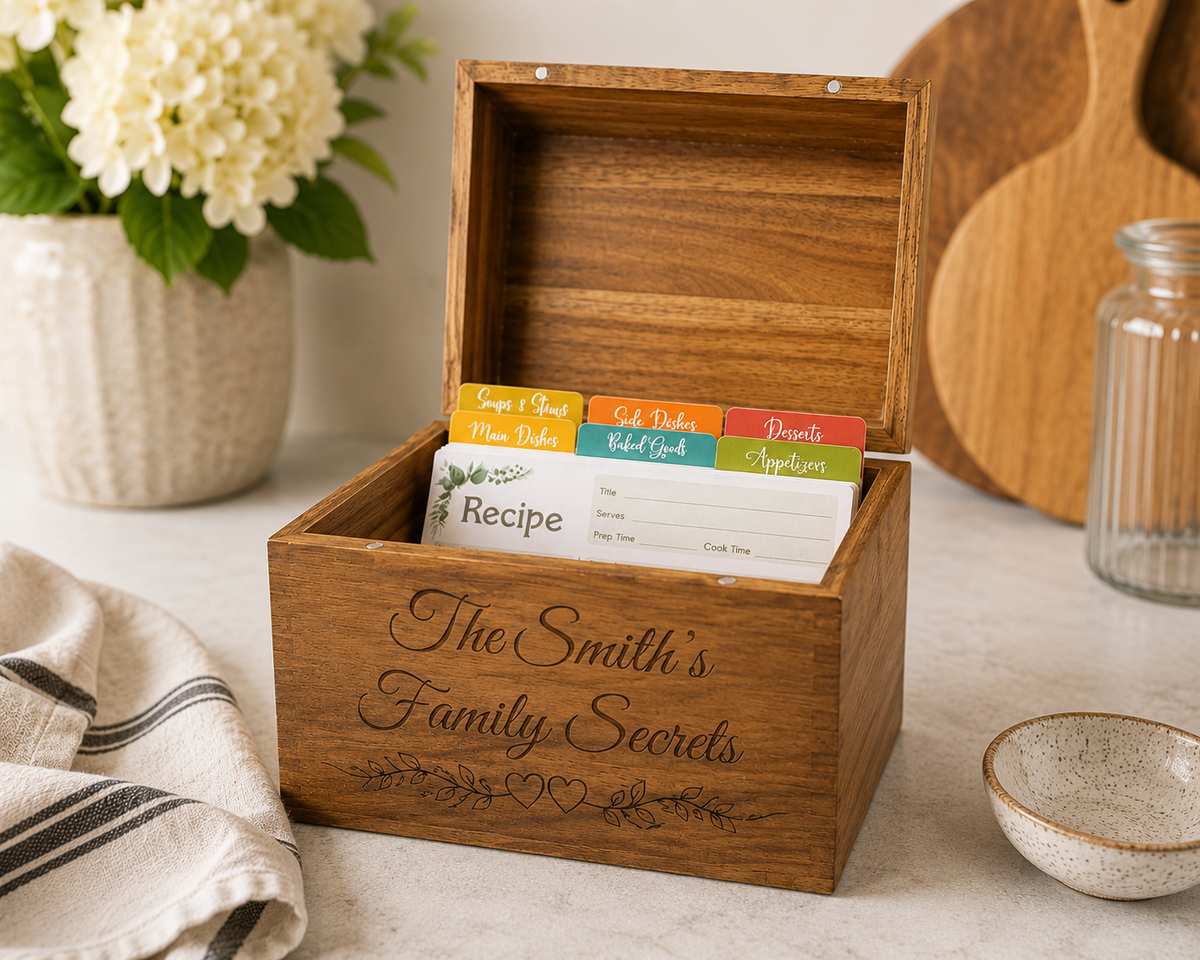 Personalized Wooden Recipe Box – (50 Blank Recipe Cards Included)